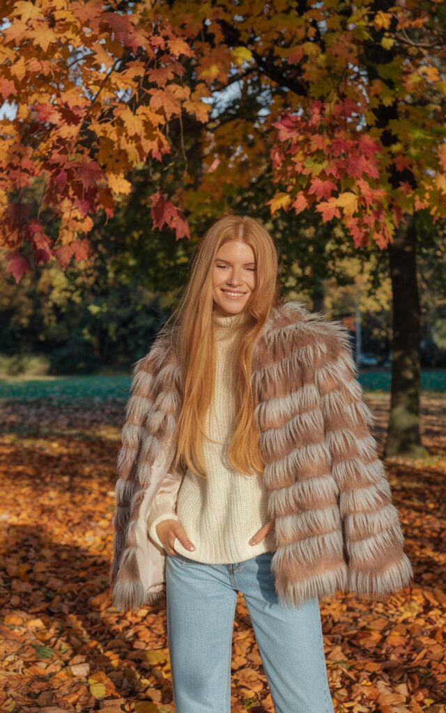 Outdoor park scene with autumn leaves. Model with long honey-blonde hair wears a cream mohair sweater, faux-fur jacket, and straight jeans. Soft sunlight filters through trees. She’s smiling warmly, hands tucked in her pockets.