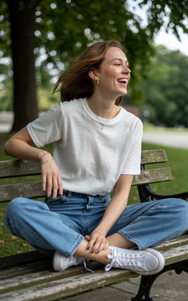 Outdoor park setting under soft daylight. Model sits on a wooden bench wearing a boxy white tee tucked into straight-leg jeans, white sneakers, and minimal accessories. Tousled hair, natural skin glow. Pose candid, looking away mid-laugh, relaxed and authentic.