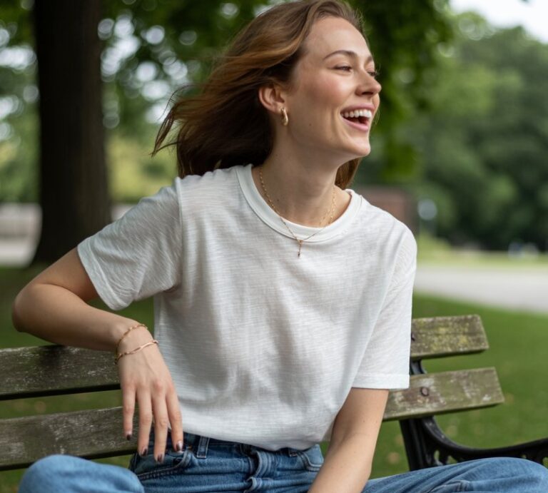 Outdoor park setting under soft daylight. Model sits on a wooden bench wearing a boxy white tee tucked into straight-leg jeans, white sneakers, and minimal accessories. Tousled hair, natural skin glow. Pose candid, looking away mid-laugh, relaxed and authentic.