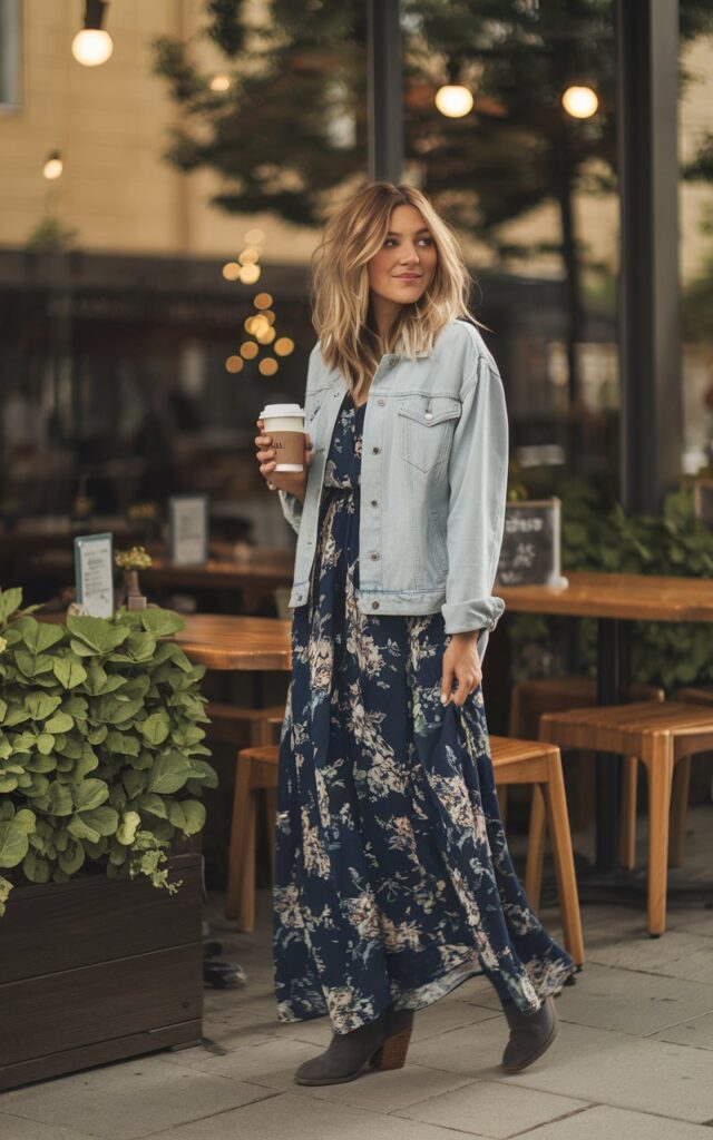 Outdoor photo in front of a cozy café. A woman in a floral maxi dress layered with a light blue denim jacket stands holding a cup of coffee. She wears ankle boots and minimal jewelry. Her blonde hair is loose and slightly messy, giving a carefree vibe. Warm golden hour light enhances the cozy, candid mood.