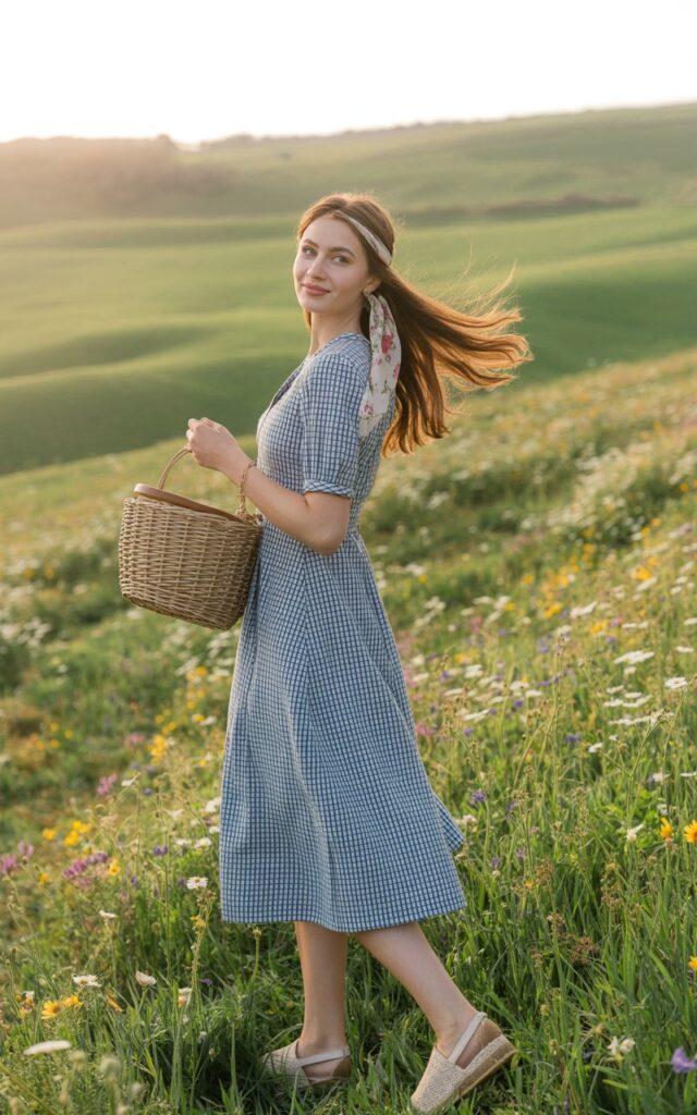 Outdoor shot in a blooming countryside field during morning sunlight. The model wears a blue gingham midi dress, carries a woven basket bag, and has a scarf tied in her hair. She’s barefoot or in espadrilles, smiling softly with the breeze in her hair.