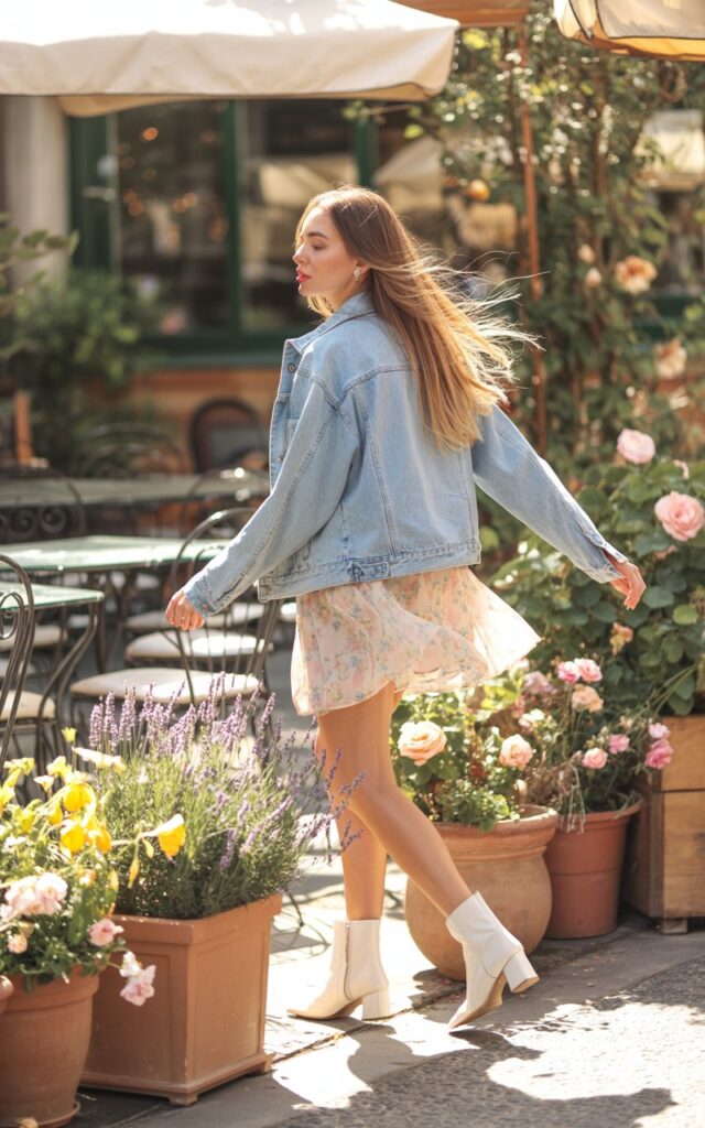 Outdoor shot in a garden café. The model wears a light blue denim jacket over a pastel floral mini dress and white ankle boots. Her hair flows loosely, subtle pink lip color. She’s walking past flower pots, sunlight creating soft highlights in her hair.