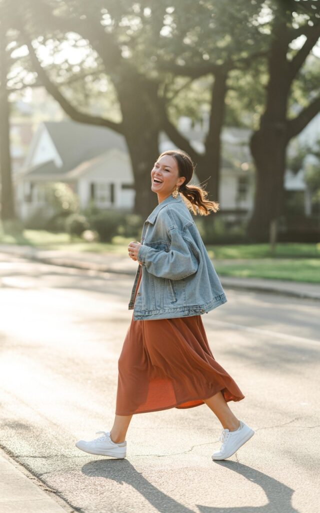 Outdoor shot in a tree-lined neighborhood under morning light. Model wears a rust-colored midi dress with crisp white sneakers and a denim jacket draped over shoulders. Minimal jewelry, soft ponytail. Pose walking casually, laughing naturally, easy and carefree energy.