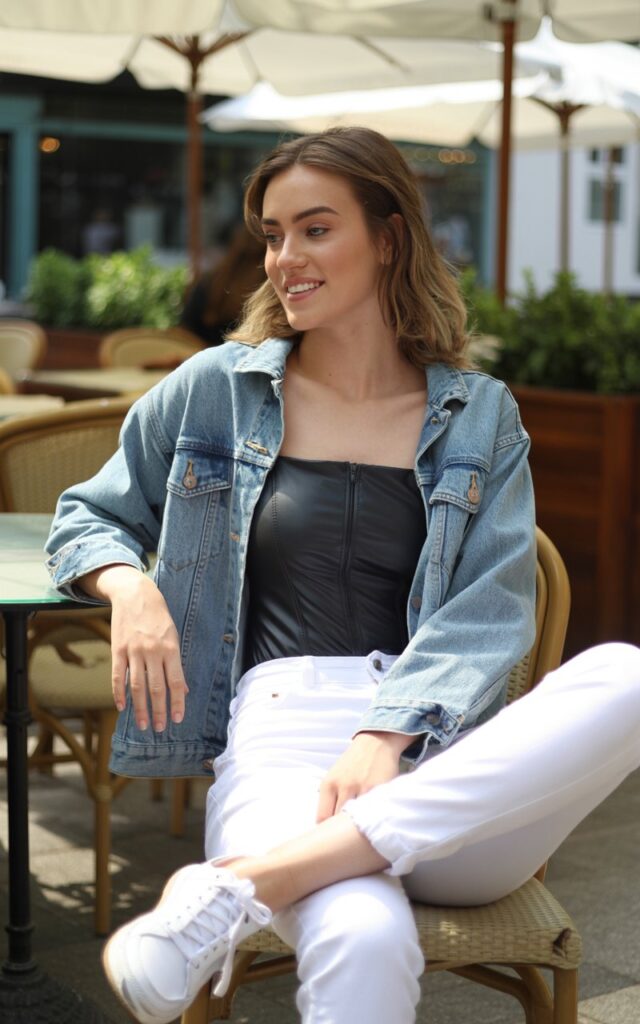 Outdoor shot near a café in soft daylight. Model wears a light-wash denim jacket over a black fitted bodysuit and white straight pants with sneakers. Hair loose and natural, subtle makeup. Pose sitting at a café table, one leg crossed, candid smile.