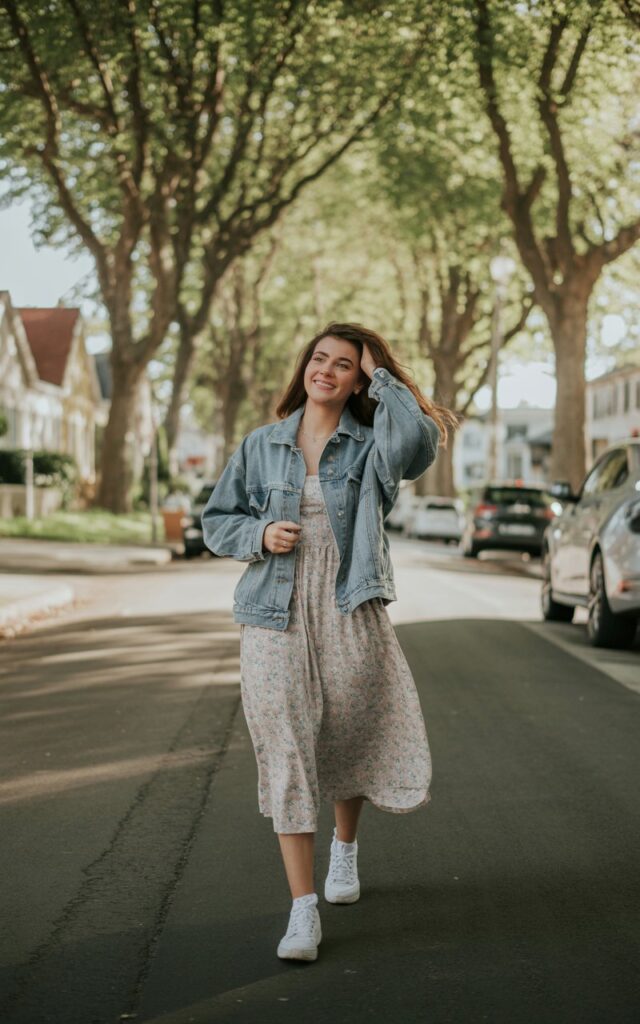 Outdoor shot on a leafy street. The model wears a floral midi dress with a light-wash denim jacket and white sneakers. Lighting soft daylight, natural shadows. Pose walking with one hand brushing through her hair, casual smile.