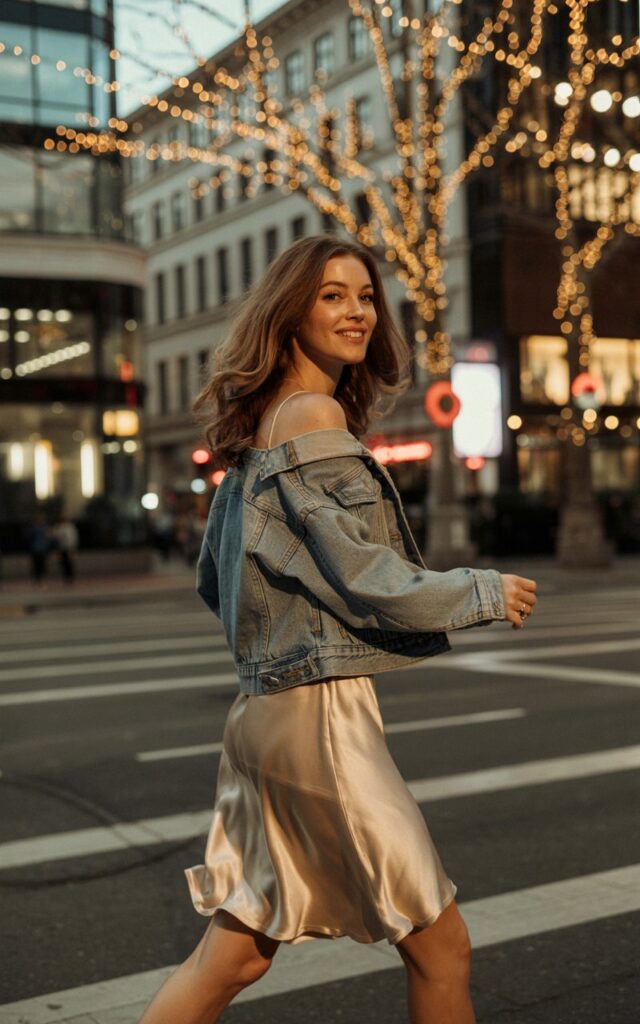 Outdoor urban evening scene with fairy lights in the background. The model wears a silky champagne slip dress with a cropped light-wash denim jacket and ankle boots. Her brunette hair is loose and wavy. She’s mid-walk, looking back with a soft smile under warm ambient light.