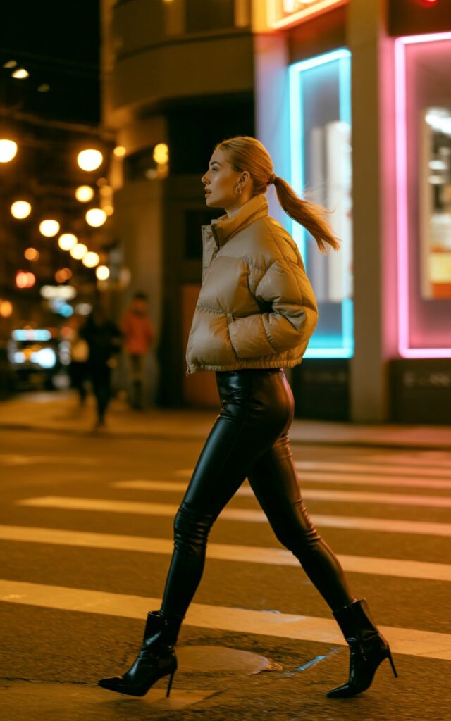 Outside a trendy urban bar at night, a fair-skinned woman with sleek ponytail wears a cropped beige puffer jacket, black faux-leather leggings, and heeled ankle boots. Streetlights and neon signs illuminate her look. She’s walking mid-stride, confident and stylish against the cool night backdrop.