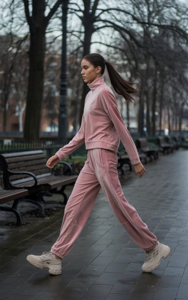 Photo in a trendy city park on an overcast afternoon. The model wears a velour pink matching tracksuit with chunky white sneakers. Her hair is in a ponytail, and she walks mid-motion, exuding casual Y2K energy.