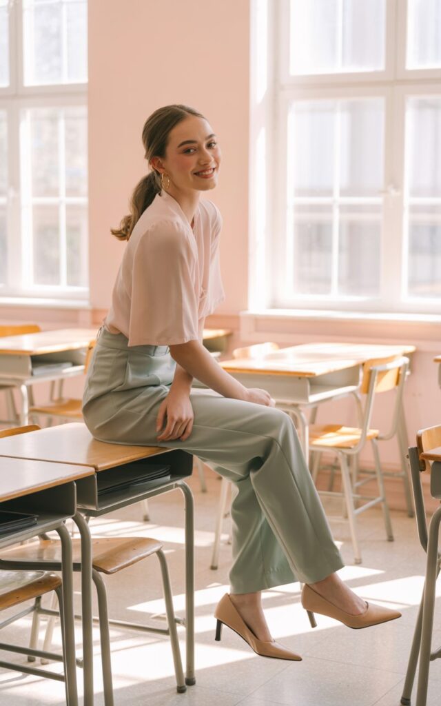 Photographed in a pastel classroom with big windows and soft morning sunlight. The model wears a blush blouse tucked into mint-green trousers with nude pumps. Hair styled in a soft ponytail, minimal jewelry. Pose sitting on a desk edge, smiling warmly.
