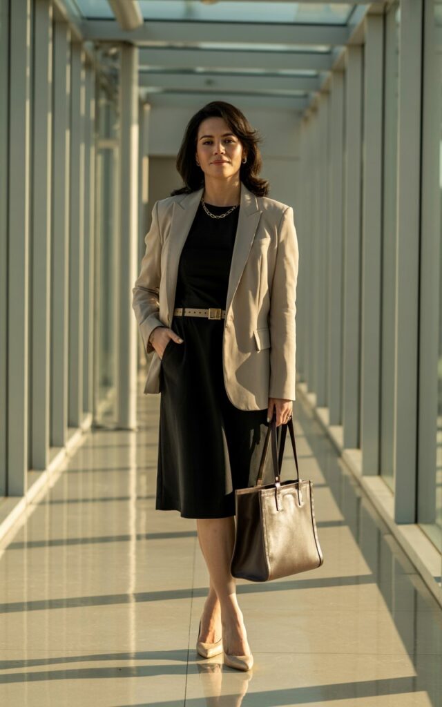 Photographed in an office hallway with glass panels and sunlight pouring in. The model wears a knee-length black dress with a beige belted blazer cinched at the waist. Accessories simple necklace, structured tote, and heels. Pose standing confidently with one hand in her pocket.
