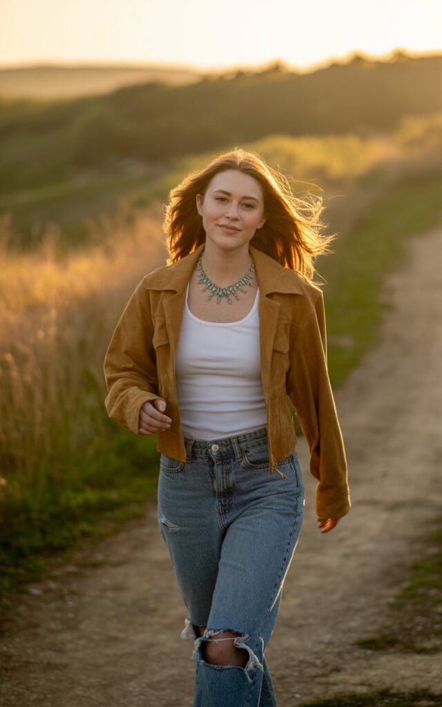 Photographed outdoors at sunset on a dirt trail, the model wears a tan suede jacket, white tank top, ripped blue jeans, and turquoise jewelry. She walks toward the camera with a relaxed smile, sunlight casting a golden glow through her hair.