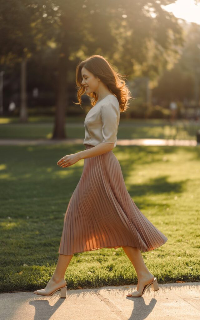 Photographed outdoors in a sunlit park. The model wears a flowy pleated midi skirt in dusty rose with a fitted cream top. Her hair is styled in loose waves, and she wears block heels. Natural golden-hour light highlights the texture of her skirt. Pose walking gracefully with a soft smile, skirt swaying mid-motion.