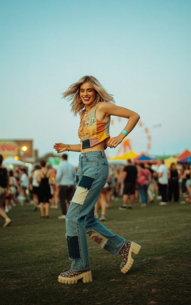 Photographed outside a music festival setting with late-afternoon light. The model wears patchwork denim jeans, a colorful graphic crop top, and chunky platform boots. She’s dancing freely, smiling wide — vibrant, fun, and totally expressive.