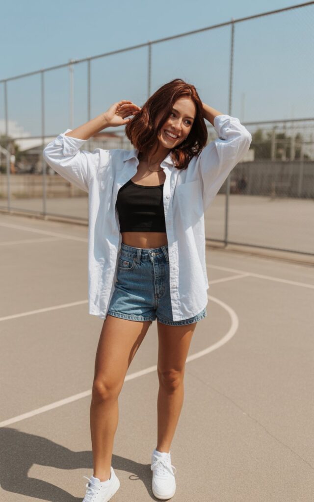 Playful model with dark brown hair in a low ponytail stands near a sunny basketball court. She wears a white oversized shirt over a black crop top and denim mini shorts with sneakers. Midday natural light; carefree pose, one hand in hair, candid and youthful.