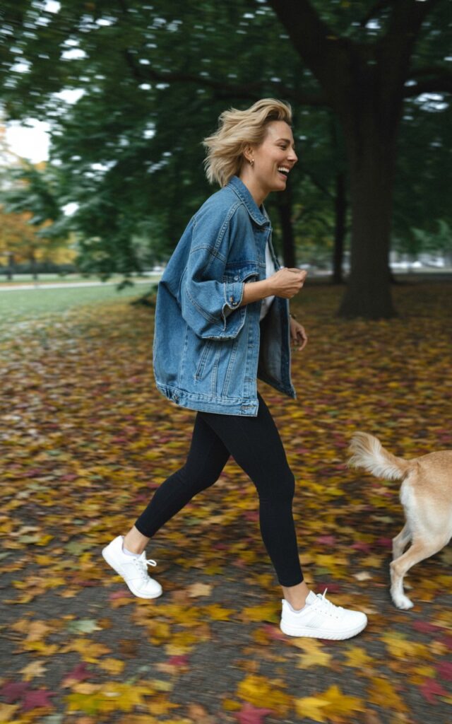 Playful outdoor photo of a white-skinned woman with short blonde hair wearing white sneakers, denim jacket, and black leggings. She’s walking her dog through a park with fallen leaves. Natural daylight, motion blur adds energy. Her expression is carefree and happy.