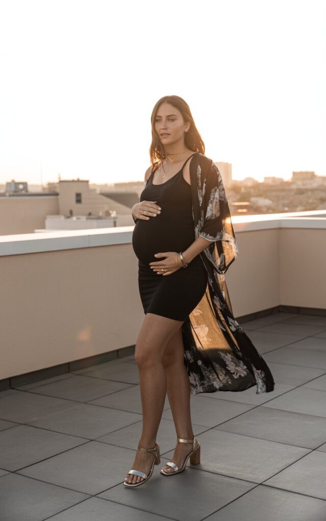 Pregnant woman in a black fitted tank dress with a printed kimono tied at the waist. Rooftop terrace setting at sunset, light wind, elegant sandals, minimal gold jewelry. Confident, radiant pose.