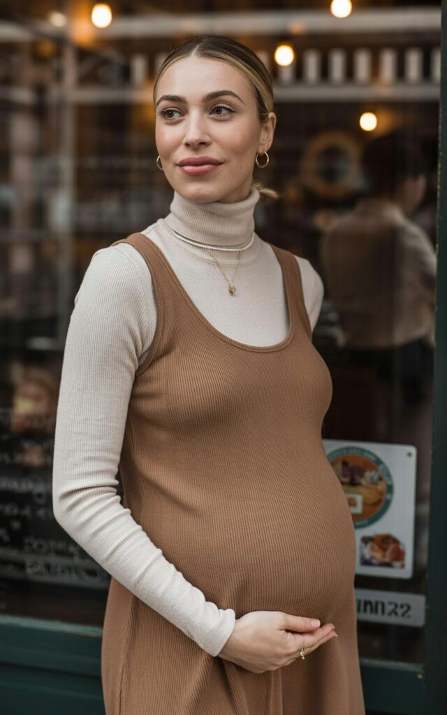Pregnant woman wearing a fitted beige turtleneck under a sleeveless brown midi dress. Cozy indoor café setting with soft warm light. Hair neatly tied back, small hoop earrings, thoughtful expression.