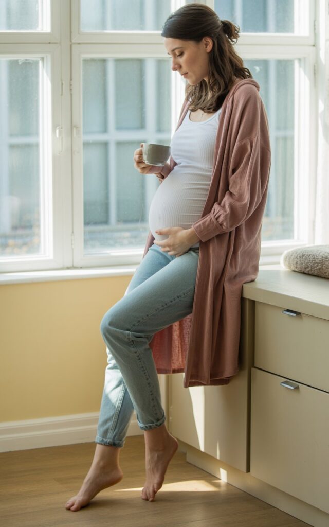 Pregnant women Casual outfit with a long soft tunic and fitted maternity jeans. Indoors near a large window, holding a cup of tea. Gentle morning light, barefoot, hair half-up. Calm, cozy energy.