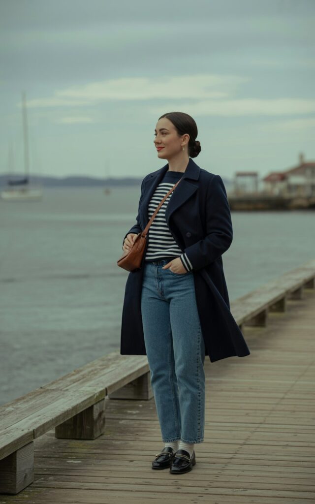 Seaside boardwalk setting with overcast daylight. She’s dressed in a navy peacoat, striped sweater, straight-leg jeans, and loafers. Her hair is tied in a low bun, and she carries a small crossbody bag. She’s leaning on a railing, smiling softly toward the ocean.
