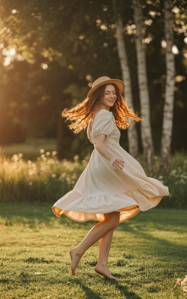 Set in a sunlit meadow, the model twirls barefoot in a cream puff-sleeve dress. A woven straw hat rests on her head, with long loose curls spilling out. Soft golden hour light filters through trees, creating a dreamy glow. Her carefree expression matches the romantic vibe.