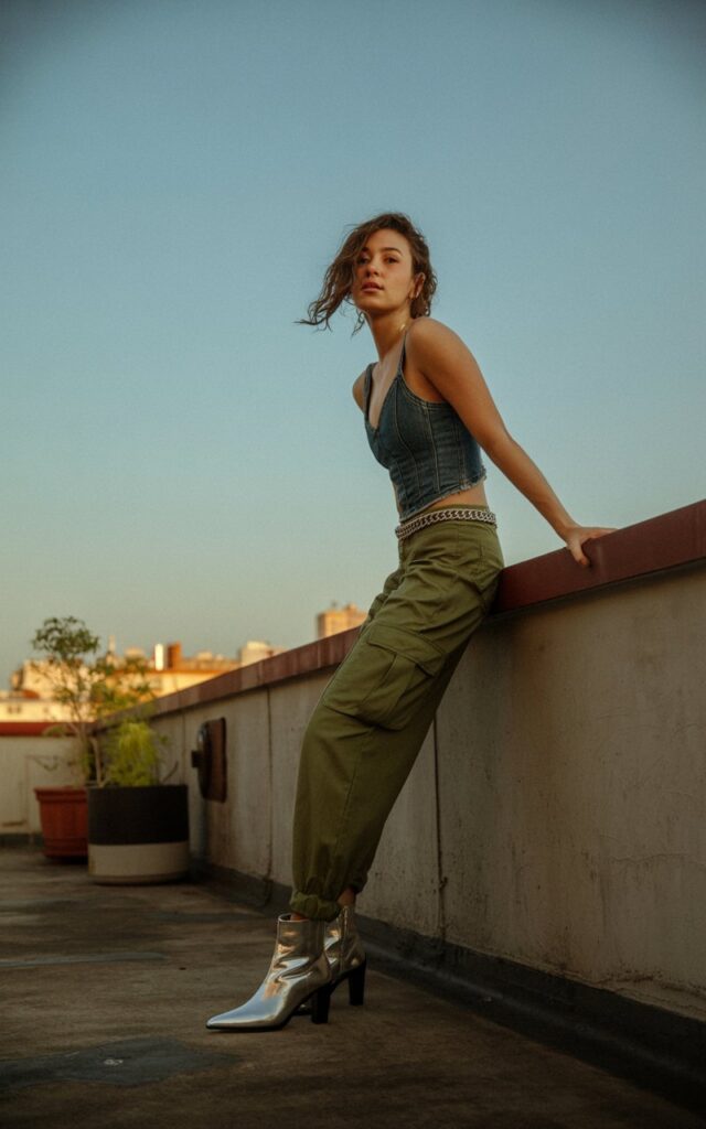 Set in an urban rooftop during golden hour. The model wears a denim corset top, olive cargo pants, and metallic ankle boots. A chain belt glints in the light as she leans casually against a ledge, hair windswept, expression effortlessly cool.