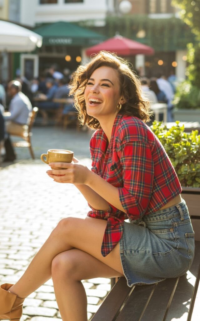 Shot in a cozy outdoor café under morning sunlight, the model wears a red plaid shirt knotted at the waist, mid-wash denim skirt, and tan heeled booties. Her hair is in soft curls, and she’s holding a coffee cup, laughing mid-conversation — casual, candid, and charming.