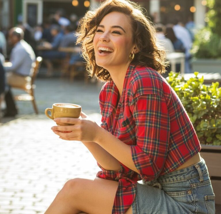 Shot in a cozy outdoor café under morning sunlight, the model wears a red plaid shirt knotted at the waist, mid-wash denim skirt, and tan heeled booties. Her hair is in soft curls, and she’s holding a coffee cup, laughing mid-conversation — casual, candid, and charming.