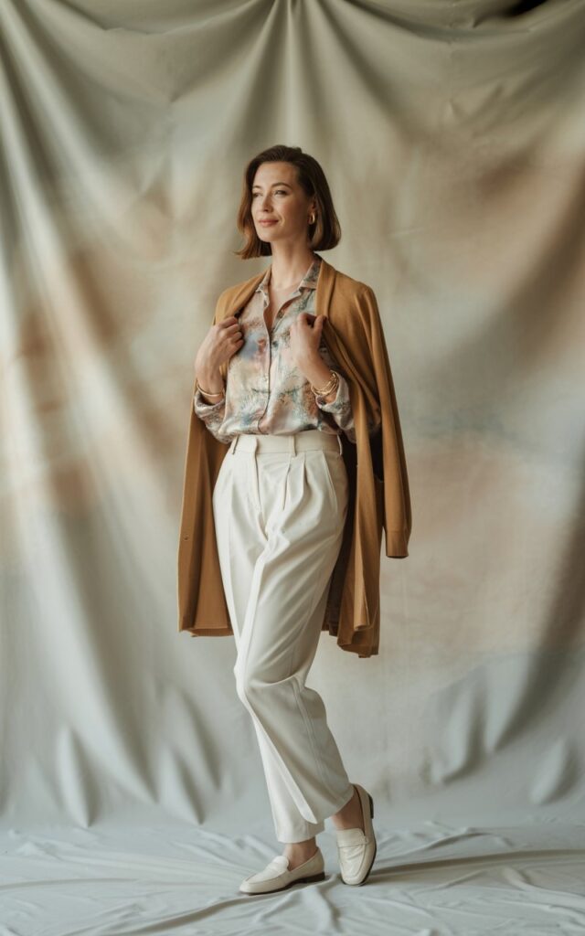Shot in a neutral-toned studio. The model wears a floral blouse tucked into white high-rise trousers, topped with a tan cardigan. Simple loafers and minimal jewelry finish the look. Lighting diffused daylight. Pose standing slightly turned, adjusting her cardigan with a composed smile.