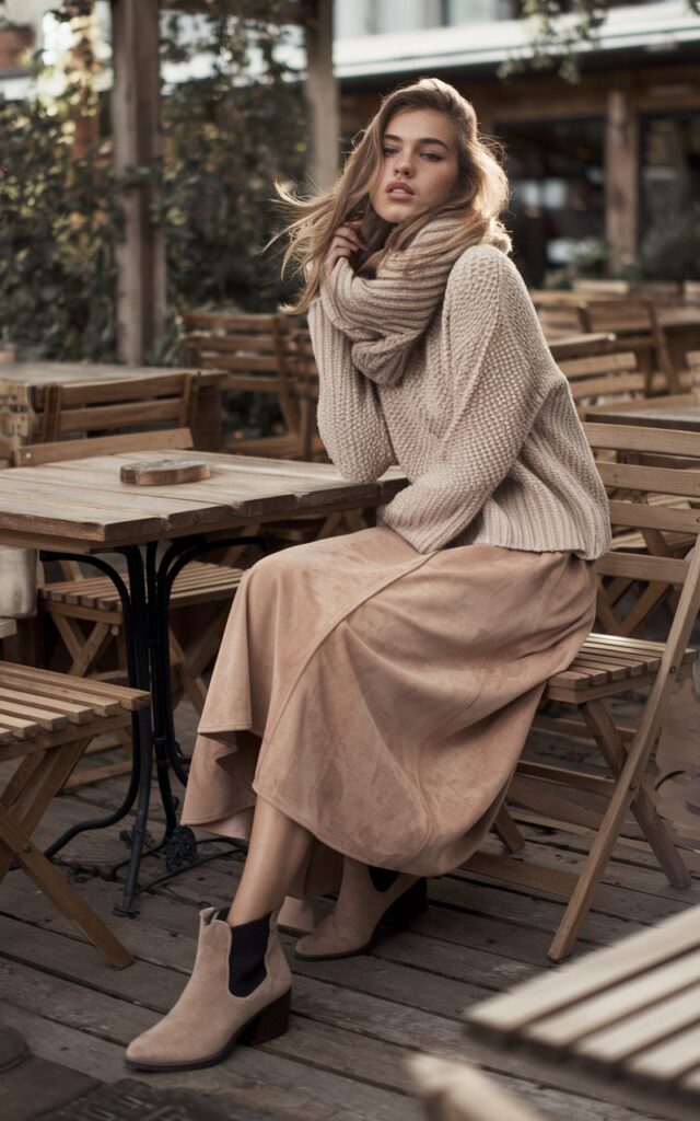 Shot in a rustic outdoor café with wooden furniture. The model sits casually, wearing a light tan knit sweater with a suede midi skirt and ankle boots. A wool scarf adds another texture. Her hair flows naturally, catching the afternoon light. The overall vibe is cozy, tactile, and quietly luxurious.