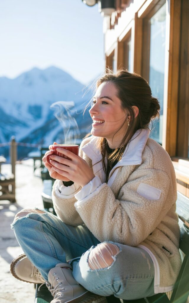 Shot in a snowy mountain café patio under bright daylight. She’s wearing a cream sherpa jacket, distressed blue jeans, and lace-up boots. A hot cocoa steams in her hands, and her cheeks are flushed from the cold. She looks playful and relaxed.