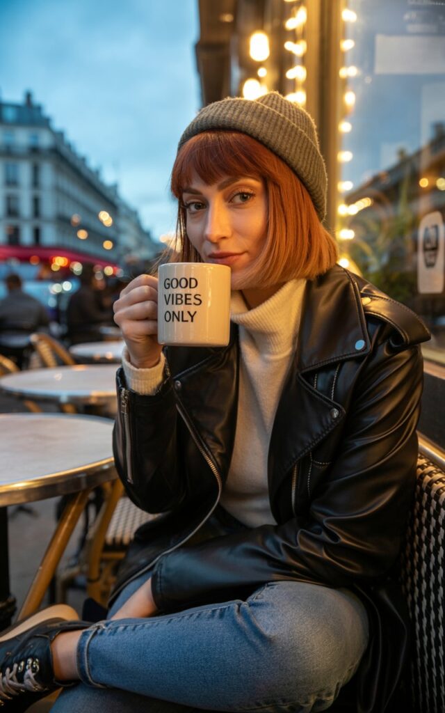 Shot in an outdoor café setting at dusk. She’s sitting casually with one leg crossed, wearing a black leather jacket over a cream turtleneck, jeans, and a gray beanie. Her boots are chunky, and she’s sipping coffee with a soft smirk. Lighting is warm and cinematic.