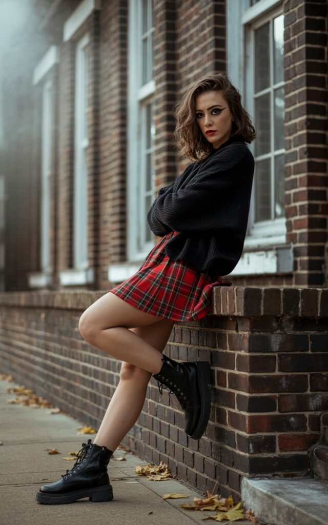 Shot in front of an old brick school building. The model wears a red plaid mini skirt, black oversized sweater, and lace-up combat boots. Black eyeliner and messy waves add edge. She leans against the steps railing, arms crossed, with a bold smirk.