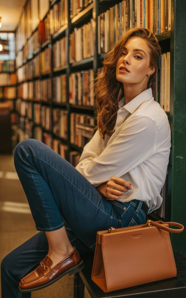 Shot on a cozy bookstore corner with warm ambient light. The model leans casually against a bookshelf, wearing dark indigo jeans, a crisp white button-down, and brown leather loafers. A structured bag sits beside her. Her hair is loose and glossy, makeup natural. The photo feels intimate, preppy, and polished.