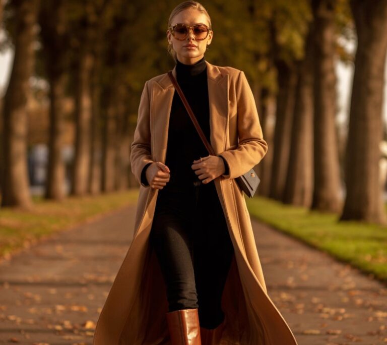 Shot on a tree-lined path with autumn leaves scattered around. The model walks gracefully, wearing a fitted black turtleneck, camel maxi coat, and brown knee-high boots. A crossbody bag and oversized sunglasses complete the look. The lighting is golden hour — warm, flattering, and sophisticated. Her expression is calm and confident.