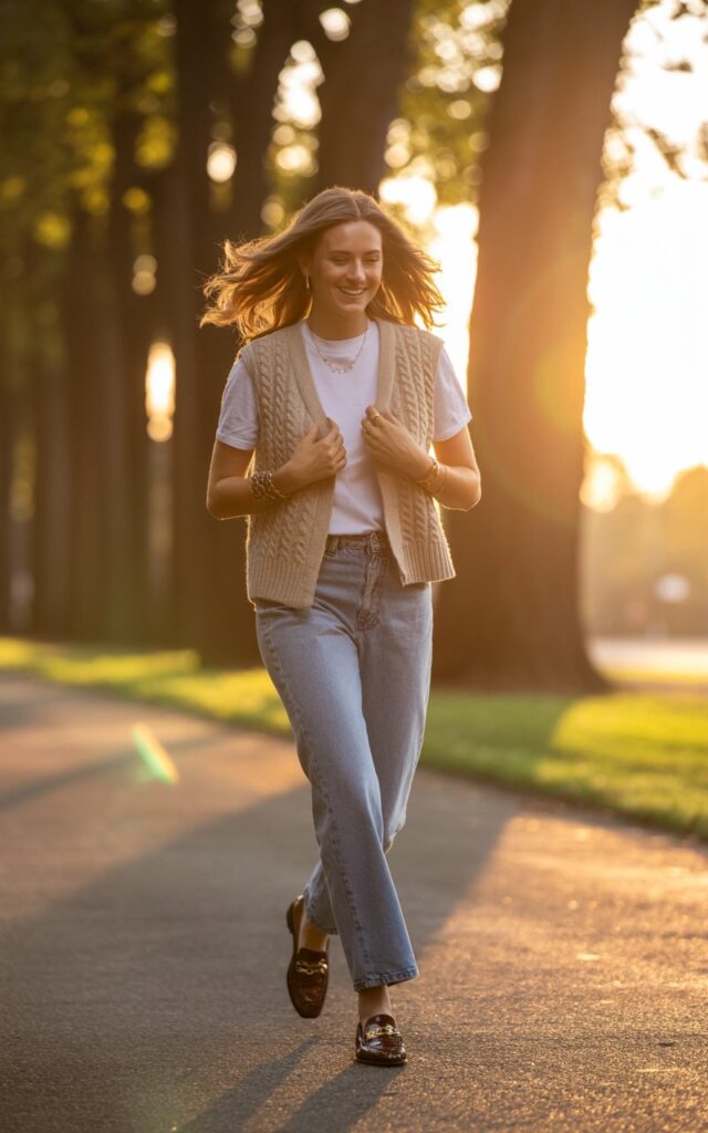 Smiling model with wavy light-brown hair walks through a park during golden hour. She wears a beige cable-knit vest over a white tee and straight-leg jeans, with gold jewelry and loafers. Warm sunlight flares behind her; candid walking shot with a natural, joyful expression.