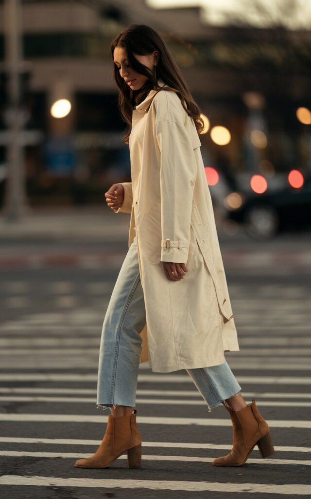 Street-style photo of a white-skinned brunette wearing tan ankle boots, cropped jeans, and a cream trench. City crosswalk background, soft golden-hour glow. She’s mid-step with hair moving naturally, gaze off-camera, exuding everyday elegance.