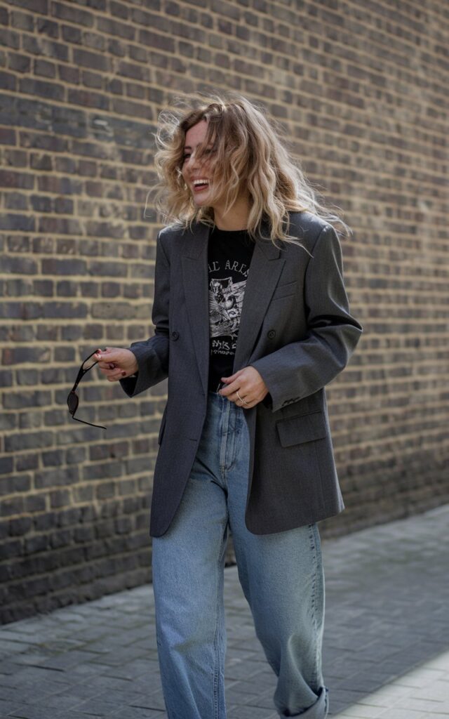 Street-style shot in front of a brick wall. Model with wavy blonde hair wears a black graphic tee under a gray tailored blazer, paired with relaxed jeans and sneakers. She’s laughing mid-conversation, holding sunglasses in one hand. Sunlight gives casual, candid energy.