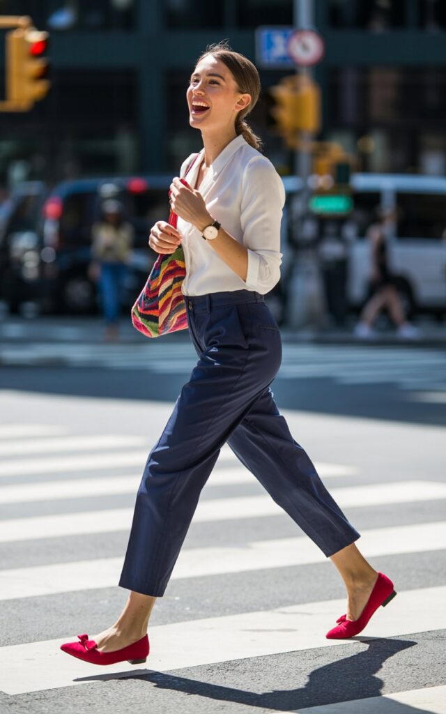Street-style shot on a city crosswalk. The model wears cropped navy trousers, a white button-up blouse, and bold red flats with a bow detail. Accessories slim watch and a colorful tote. Lighting bright daylight with crisp contrast. Pose candid walking moment, laughing naturally.