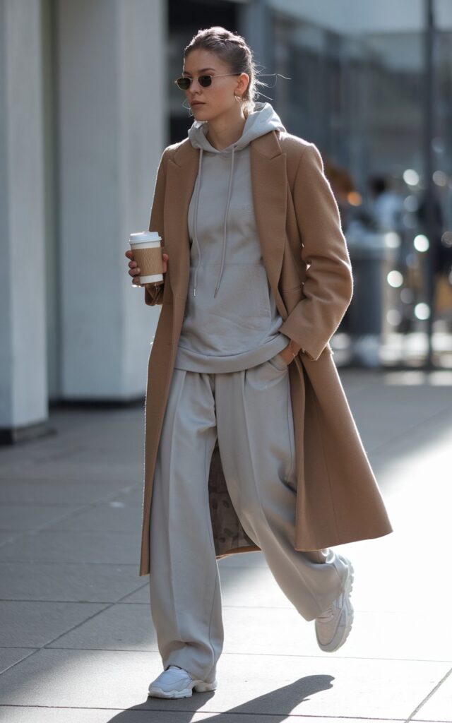 Streetwear-meets-chic look on a city sidewalk. The model wears a camel tailored coat over a light gray hoodie and matching trousers. White sneakers complete the outfit. She walks with coffee in hand, hair pulled back casually, expression relaxed and natural. Bright morning light enhances the effortless “off-duty” style.