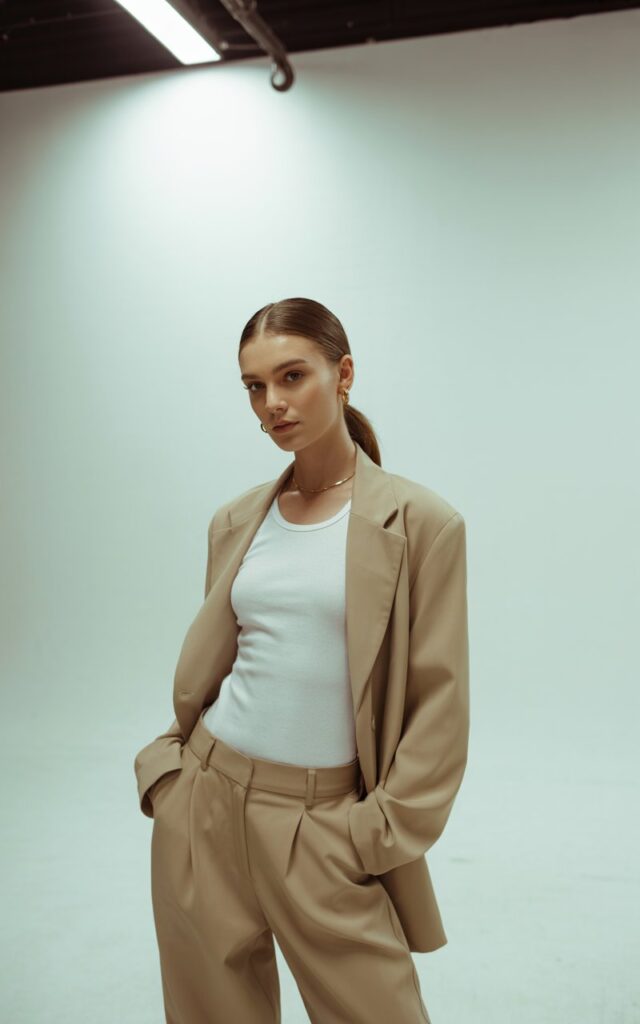 Studio editorial setup with diffused lighting. Model stands tall in a white tank layered under a beige oversized blazer with matching trousers. Minimal accessories, slick low ponytail. Pose slight lean forward, confident gaze, clean minimalist backdrop.