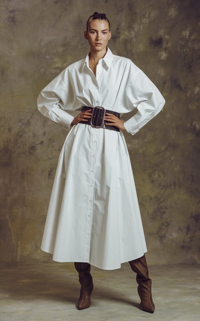 Studio photo with textured backdrop. Model wears an oversized white shirt dress cinched at the waist with a wide black belt, paired with heeled boots. Her hair is slicked back into a low bun. She stands tall, hands on hips, expression poised and powerful.