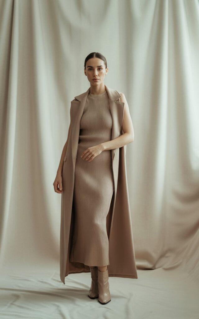 Studio setting with a minimalist neutral background. The model stands tall, wearing a fitted beige ribbed knit dress layered with a longline vest in taupe. Nude boots and a sleek bun complete the look. She gazes directly at the camera with soft confidence. The lighting is clean and natural, highlighting textures.