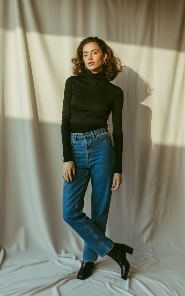Studio setting with soft daylight. The model stands casually, one leg slightly bent, wearing a black fitted turtleneck tucked into classic blue high-waisted jeans with ankle boots. Simple gold hoops and natural waves. Neutral background to emphasize outfit structure. Expression poised and relaxed.