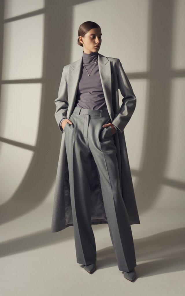 Studio setup with soft shadows. Model wears layered shades of gray — long coat, turtleneck, tailored trousers, and pointed boots. Sleek low bun hairstyle, minimal silver jewelry. Pose standing tall, hands in pockets, serene and elegant expression.