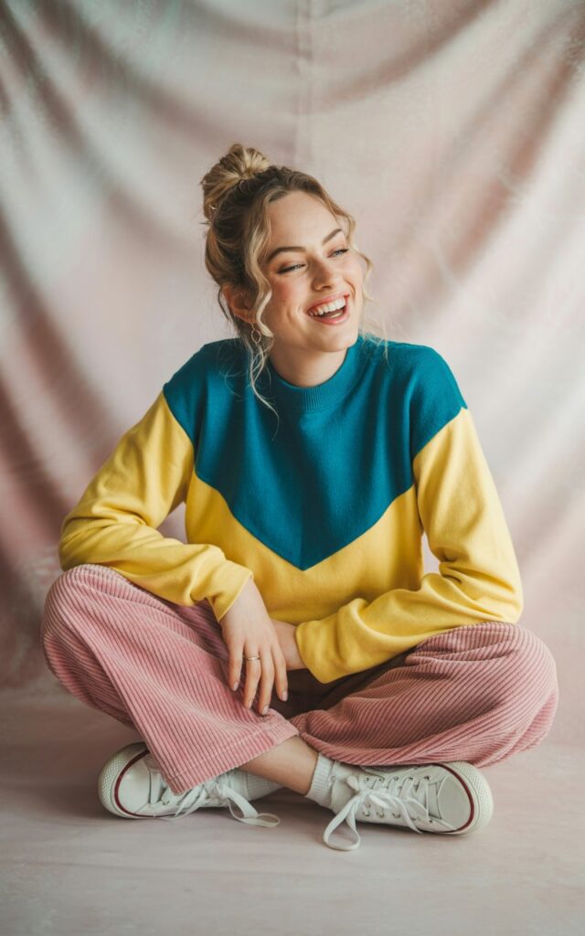 Studio shoot with pastel backdrops and soft lighting. She wears a bright color-block sweater with pink corduroy pants and white sneakers. Her hairstyle is a fun half-up bun, and she poses playfully with one hand on her hip, smiling big. Youthful and bold energy.