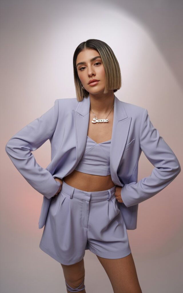 Studio shoot with soft pink backdrop. Model in a pastel lavender matching co-ord set—cropped blazer and tailored shorts—with strappy sandals. Hair in a sleek bob, confident pose, hands on hips.
