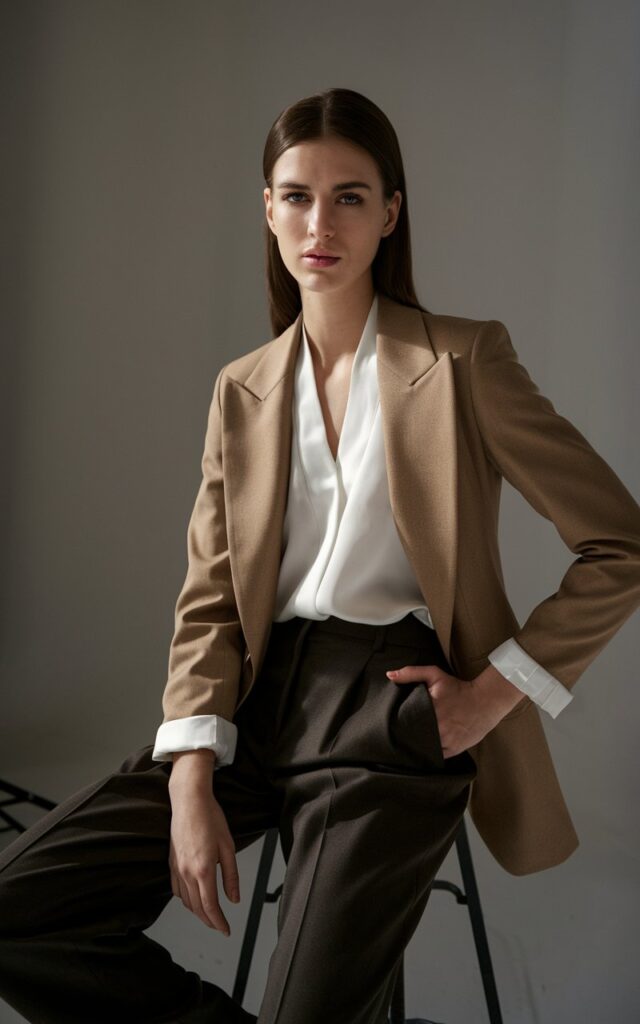 Studio shot of a white-skinned brunette woman with sharp cheekbones wearing a camel wool blazer, white blouse, and tailored black trousers. Minimalist gray backdrop, soft diffused indoor light. She’s seated on a stool, legs crossed, gaze confident and direct. The look feels polished yet approachable.