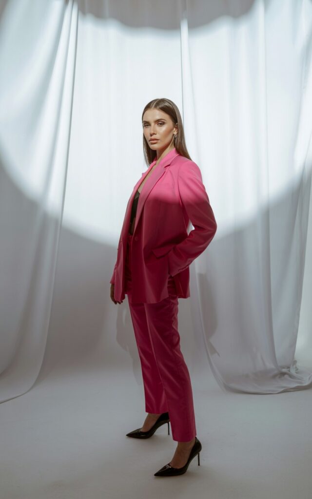 Studio shot with clean white background and soft spotlighting. The model wears a hot pink tailored suit, heels, and sleek straight hair. Her expression is fierce and composed, standing tall with one hand in her pocket.
