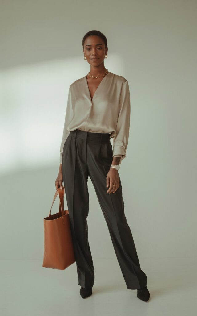 Studio shot with neutral background and soft, even lighting. The model wears a minimalist beige blouse and tailored black pants. Accessories delicate gold chain, stud earrings, watch, and structured leather tote. Pose standing naturally with a subtle smile, exuding calm confidence.