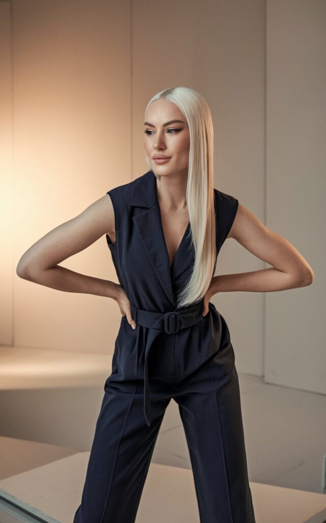 Studio shot with soft indoor lighting. White-skinned woman with sleek straight hair wears a navy belted jumpsuit and pointed heels. Pose hands on hips, confident smile. The background is minimalist beige — highlighting the outfit’s clean silhouette.